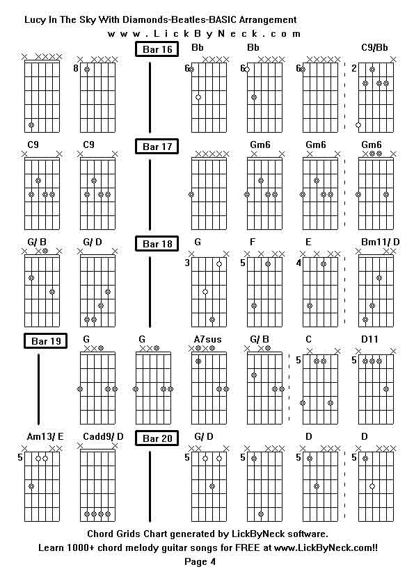 Chord Grids Chart of chord melody fingerstyle guitar song-Lucy In The Sky With Diamonds-Beatles-BASIC Arrangement,generated by LickByNeck software.